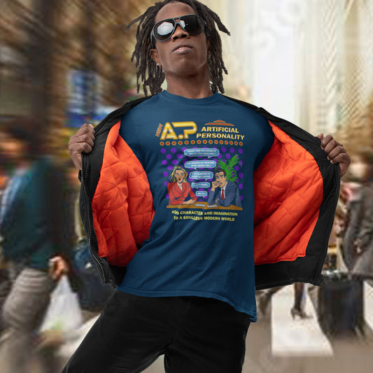 Person wearing a blue t-shirt , standing in a busy urban setting. This anti ai t shirt design, in a comic book pop art style, warns against artificial intelligence taking over too many aspects of our lives. In an ever increasing dependency on artificial realities, just how far will it go ? Will our personalities be artificial one day ? Satirical and sarcastic, funny but scary. Made from 100% organic ring-spun cotton, this anti ai t shirt is unisex, high-quality, super comfy, and best of all, eco-friendly.