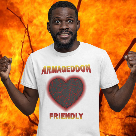 Person wearing a white t-shirt with 'ARMAGEDDON FRIENDLY' design against an orange background.