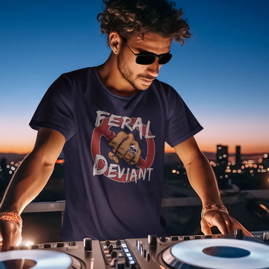 DJ wearing a 'Feral Deviant' t-shirt at sunset with city skyline. Non conformist t shirt design. stencil graffiti art for people who think boundaries stifle creativity, and rules are only guidelines. This alternative, anti establishment t-shirt is perfect for anyone who loves the wild and isn't domesticated. Made from 100% organic ring-spun cotton, this urban art t shirt is unisex, high-quality, super comfy, and best of all, eco-friendly.