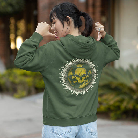 Person wearing a bottle green hoodie with a sun design on the back, standing outdoors. This environmental hoodie is concerned with global warming. A design to keep climate issues at the forefront of peoples minds. A burning issue. Made from 100% organic ring-spun cotton, this environmental awareness hoodie is unisex, high-quality, super comfy, and best of all, eco-friendly.