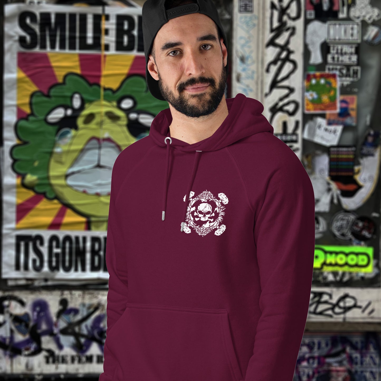 One in a series of designs about environmental issues. This one highlighting the amount of death and destruction we create as a species. Comfortable and practical. It's extra soft and has a convenient front pouch pocket. Made from organic cotton and recycled polyester, this political hoodie is a great eco-friendly choice.