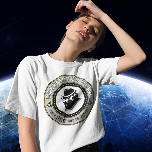 Woman in white t-shirt. These days there's a conspiracy theory for every occasion, join the club, expand your alternative imagination. Think outside the box. Underground art on apparel. Made from 100% organic ring-spun cotton, this conspiracy theory t-shirt is unisex, high-quality, super comfy, and best of all, eco-friendly.