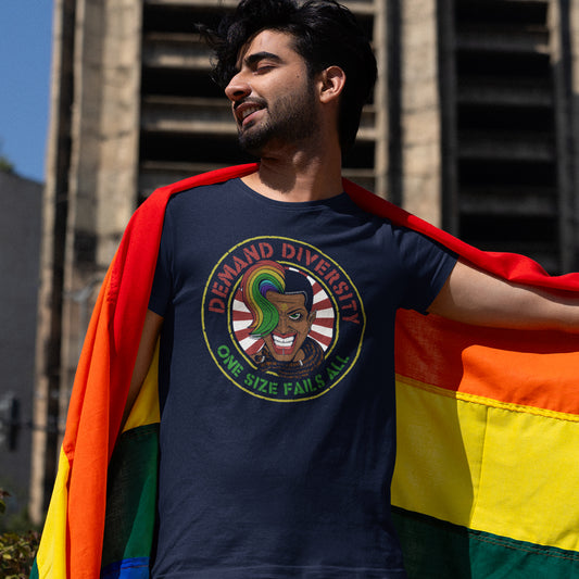 Man with a rainbow flag, wearing a French navy coloured t shirt with Demand diversity logo.