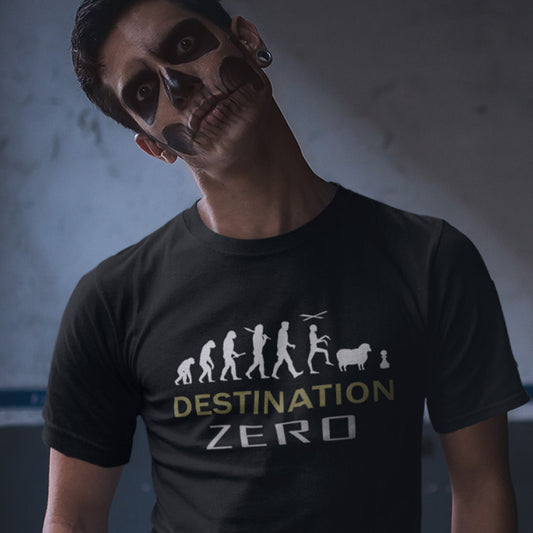 Person wearing a black t-shirt with 'Destination Zero' design against a dark background. A sign of the times t shirt design suggesting a de-evolution of humankind. As we rely more and more on technology to do our thinking for us, It's starting to look like we are not destined for great things as a race. Made from 100% organic ring-spun cotton, this social awareness t-shirt is unisex, high-quality, super comfy, and best of all, eco-friendly.