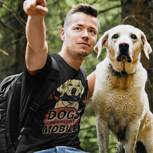 Man with dog outside with a "dogs against the mobile" t shirt. This anti mobile phone abuse t shirt is for dog lovers. Walking the dog used to mean quality time with man's best friend but now it seems to be another excuses to stare vacantly at a mobile phone. No dog is a friend of the mobile phone, support your pooch ! Made from 100% organic ring-spun cotton, these dog lovers t shirts are unisex, high quality, super comfy, and best of all, eco-friendly.