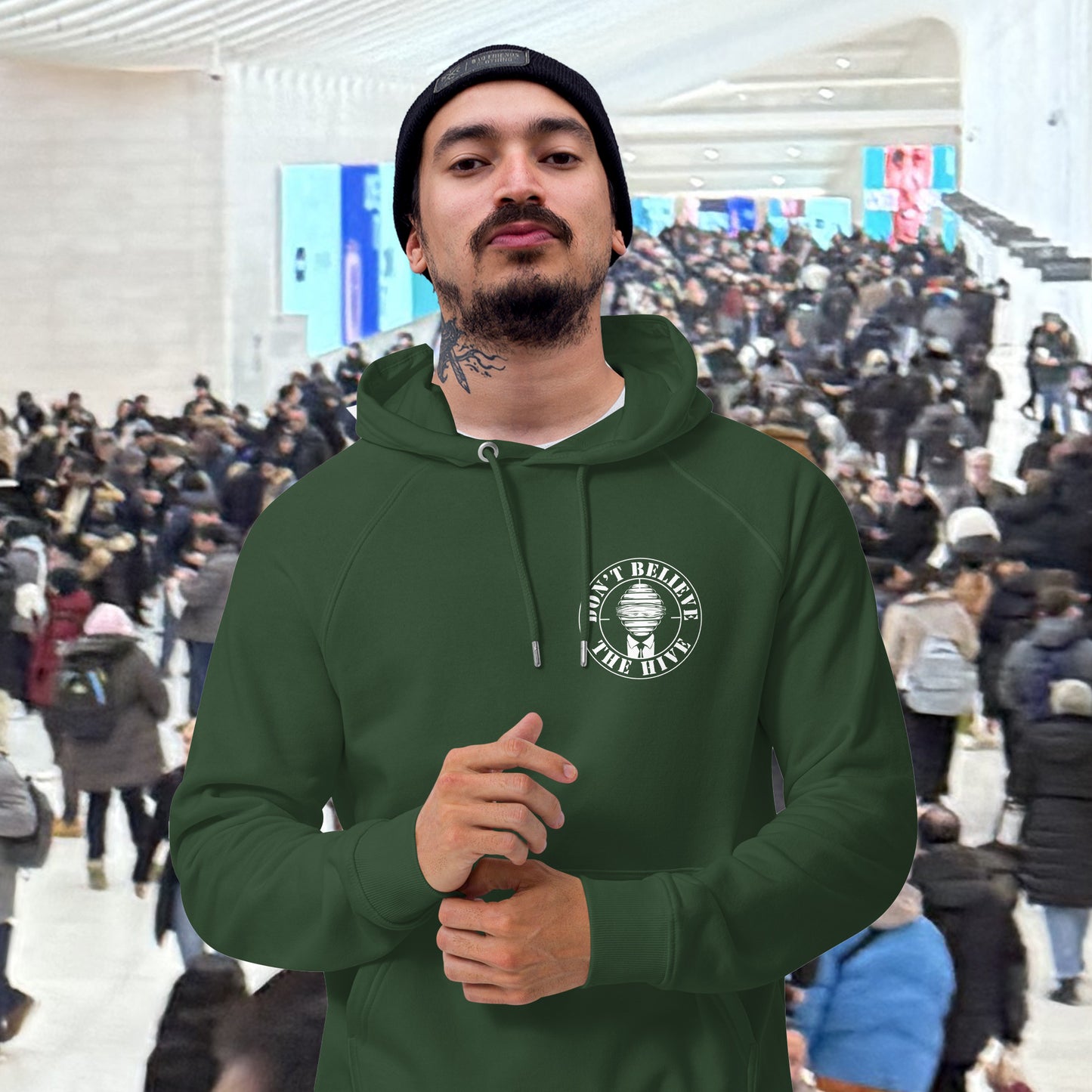 Don't get blinded by the hive minded. Support independent thought. Comfortable and practical. It's extra soft and has a convenient front pouch pocket. Made from organic cotton and recycled polyester, this social awareness hoodie is a great eco-friendly choice.