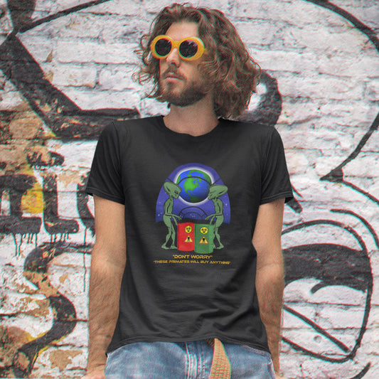 man standing in an ally wearing an 'alien' t shirt. A funny alien t shirt design showing a humorous view of how aliens must see us. It's universally acknowledged that humans have an obsession with shopping and buying things they don't need. Made from 100% organic ring-spun cotton, these cool sci fi t shirts are unisex, high-quality, super comfy, and best of all, eco-friendly.