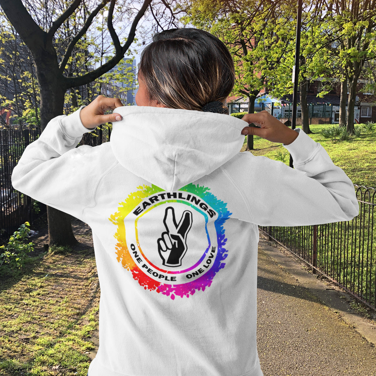 We are all Earthlings and can live in peace and harmony if we put aside our prejudice and fear. Comfortable and practical. It's extra soft and has a convenient front pouch pocket. Made from organic cotton and recycled polyester, this anti prejudice hoodie is a great eco-friendly choice.