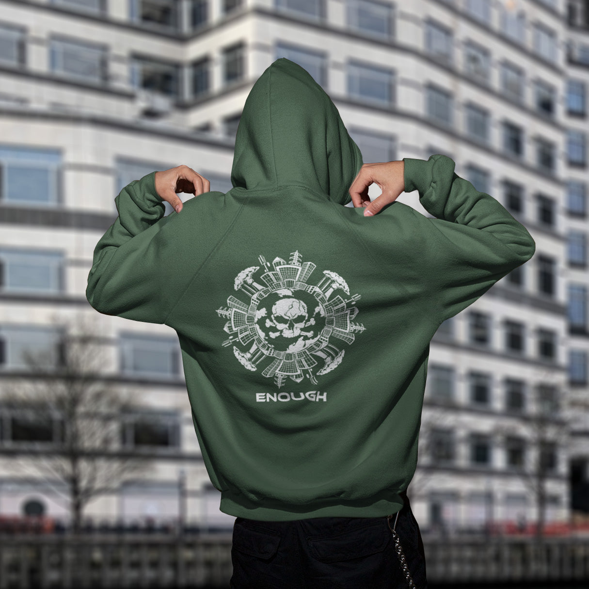 Surely we are running out of land to build on. This design is for all you children of nature who think that enough is enough and it's getting a little overcrowded. Comfortable and practical. It's extra soft and has a convenient front pouch pocket. Made from organic cotton and recycled polyester, this social awareness hoodie is a great eco-friendly choice.
