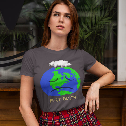 Woman wearing a t-shirt with a 'Flat Earth' graphic design. This funny conspiracy theorist t shirt plays on the idea of the earth being flat. Could it just be a little bored or depressed. Made from 100% organic ring-spun cotton, this funny flat earth conspiracy theory t shirt is unisex, high-quality, super comfy, and best of all, eco-friendly.