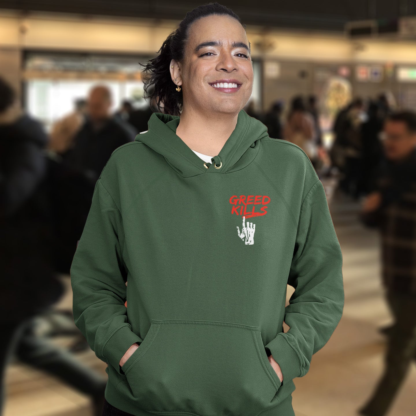 Greed, the slow-creeping, strong-holding virus that has been with us since the beginning of time, yet we still can't find a cure. Comfortable and practical. It's extra soft and has a convenient front pouch pocket. Made from organic cotton and recycled polyester, this social awareness hoodie is a great eco-friendly choice.
