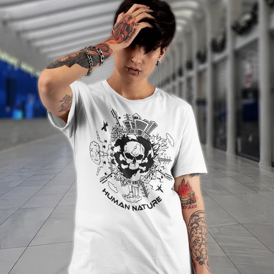 Person wearing a white t-shirt with a graphic design and 'Human Nature' text, standing in a modern indoor setting.