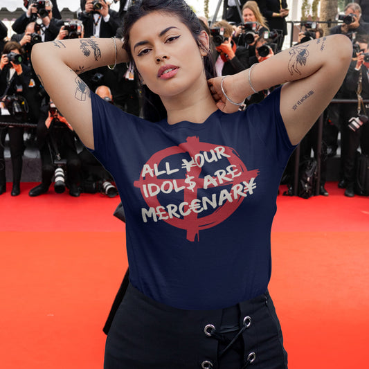 Person wearing a blue t-shirt with text on a red carpet. This broken society t shirt shows the dark side of capitalism. Why are we looking up to people that put money before integrity, what is it we admire, their bank accounts ? Are there any products that celebrities or sports personalities wouldn't sell ? Made from 100% organic ring-spun cotton, this anti capitalism t shirt is unisex, high-quality, super comfy, and best of all, eco-friendly.