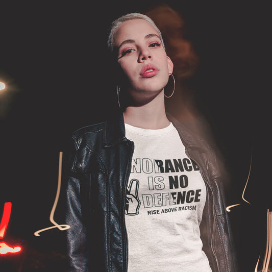 Ignorance is no defence, rise above racism. There can only be peace without prejudice. Made from 100% organic ring-spun cotton, this unisex t-shirt is a total must-have. It's high-quality, super comfy, and best of all—eco-friendly.