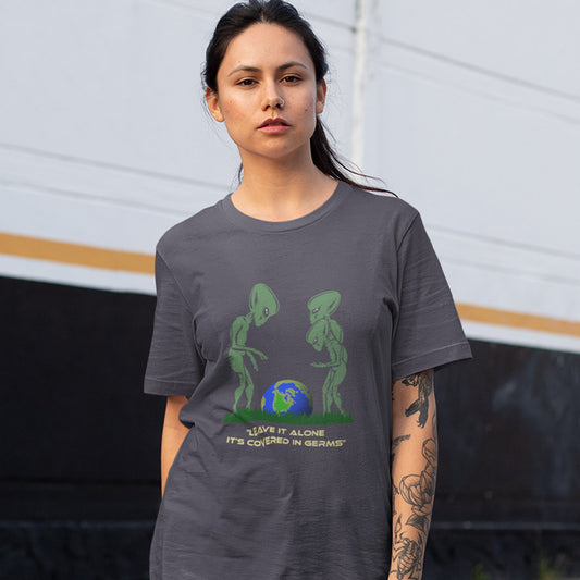 A funny alien t-shirt design with a subtle overpopulation message. In the grand scheme of things, our planet and universe could just be the school project of a child from a superior race. Made from 100% organic ring-spun cotton, this funny sci fi t shirt is unisex, high-quality, super comfy, and best of all, eco-friendly.