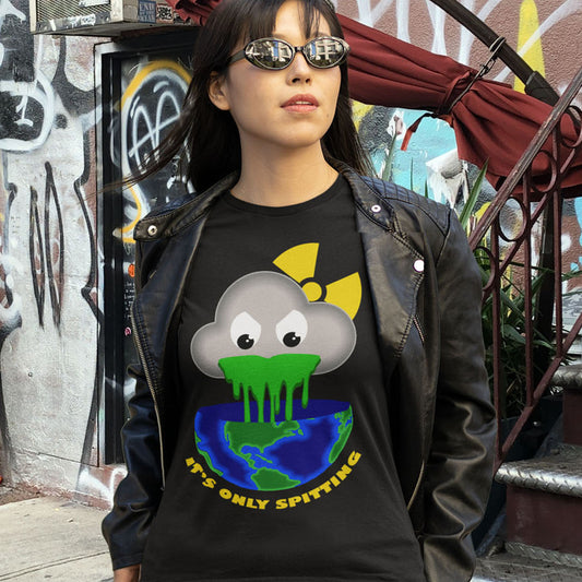 Person wearing a black t-shirt with a graphic design in front of a graffiti-covered wall. A sarcastic climate awareness t-shirt. We can pretend we're not having a climate crisis but we'll pay for it later. This unique design is a dig at actionless optimism. Made from 100% organic ring-spun cotton, this environmental awareness t-shirt is unisex, high-quality, super comfy, and best of all, eco-friendly.