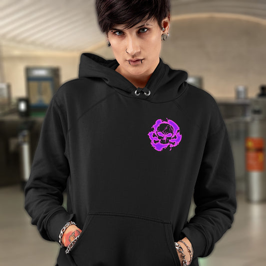 Person wearing a black hoodie with a purple logo in an indoor setting. An environmental concern hoodie in a pink design, for nature lovers who want to save the planet. Planet welfare should be something we can all agree on. Comfortable and practical. It's extra soft and has a convenient front pouch pocket. Made from organic cotton and recycled polyester, this environmental awareness hoodie is a great eco-friendly choice.