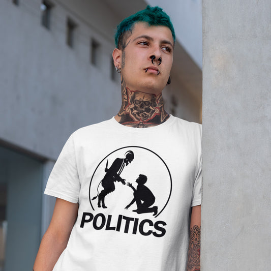Tattooed man standing in the street. A satirical representation of the simple inner workings of politics. It was once about the benefits of society but does it matter anymore who claims the throne of command ? Show your disapproval with this underground art clothing. Made from 100% organic ring-spun cotton, this funny political t-shirt is unisex, high-quality, super comfy, and best of all, eco-friendly.
