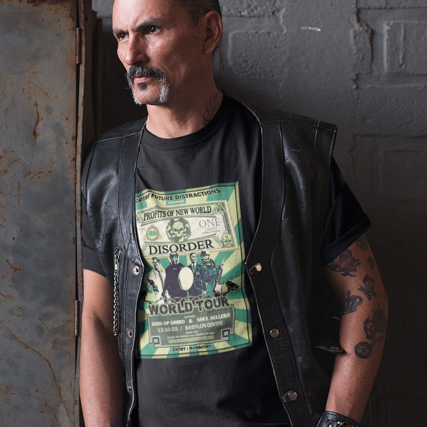 A spoof band tour T-shirt with a satirical view of the forces that influence our society now and for the foreseeable future. Made from 100% organic ring-spun cotton, this unisex t-shirt is a total must-have. It's high-quality, super comfy, and best of all—eco-friendly.