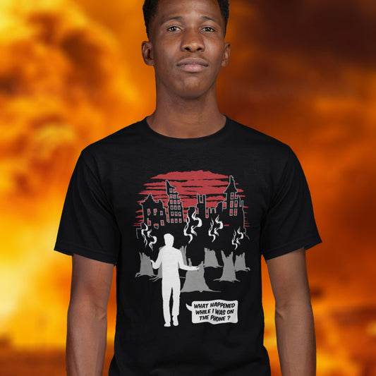 Person wearing a black t-shirt with a graphic design against an orange background. This environmental concern t-shirt asks the question Is the mobile phone the ultimate distraction from the real issues going on in the World. Let's put down the phone and save the planet. Climate concern is not an app. Made from 100% organic ring-spun cotton, this social awareness & environmental concern t-shirt is unisex, high-quality, super comfy, and best of all, eco-friendly.