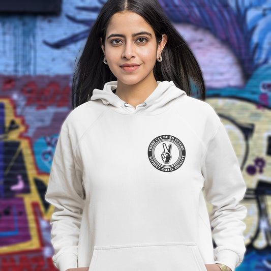 Woman wearing a white hoodie with a logo in front of a colourful graffiti wall. An anti-racism hoodie for Peace without prejudice There can be no future without racial equality. Comfortable and practical. It's extra soft and has a convenient front pouch pocket. Made from organic cotton and recycled polyester, this anti racism hoodie is a great eco-friendly choice.