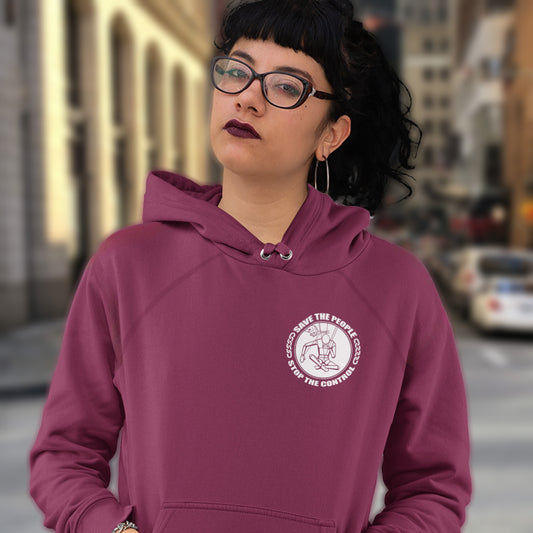Person wearing a burgundy hoodie with a logo on a city street. This save the people hoodie carries an anti-dictatorship message and encourages independent thought and social awareness. A unique design promoting freedom of choice and a less controlling government. Comfortable and practical. It's extra soft and has a convenient front pouch pocket. Made from organic cotton and recycled polyester, this civil liberties hoodie is a great eco-friendly choice.