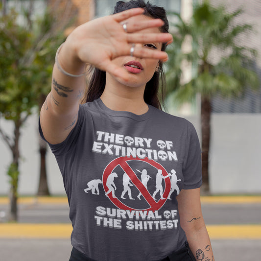 Person wearing a t-shirt with a graphic design and text outdoors. This broken society t shirt design questions our evolution and suggests we are headed for a dark future. In a capitalist system built to promote greed, are we evolving any more or is constantly competing with each other the beginning of the end. Made from 100% organic ring-spun cotton, these funny extinction t shirts are unisex, high quality, super comfy, and best of all, eco-friendly.