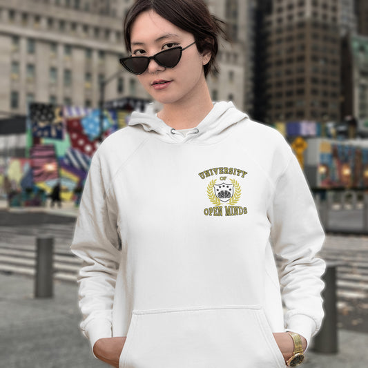 Women wearing a 'University of open minds' hoodie, standing in the street. A fake university hoodie design for the liberal minded. If you think outside the box then this university is for you. Only practical lessons and no student loan required. Comfortable and practical. It's extra soft and has a convenient front pouch pocket. Made from organic cotton and recycled polyester, this non conformist hoodie is a great eco-friendly choice.