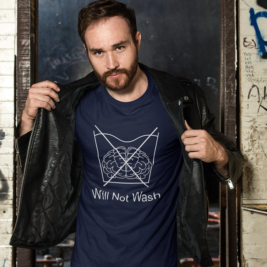 Man in French navy t shirt. A self worth t shirt promoting a strong mind and a resistance to brainwashing. this unique anti-establishment t-shirt design is a play on washing instructions and highlights the mass influence and indoctrination in modern society. Made from 100% organic ring-spun cotton, this clever slogan t shirt is unisex, high-quality, super comfy, and best of all, eco-friendly.