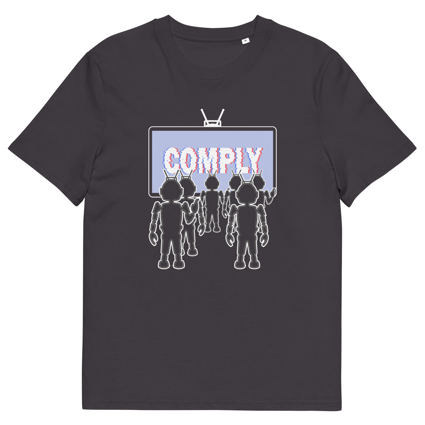 Anthracite t shirt. A non conformist t shirt portraying mistrust for the media. This satirical design highlights the television's role in modern day manipulation and mind control. With social media now being blamed for misinformation and gaslighting, the TV is the Godfather of brainwashing. Made from 100% organic ring-spun cotton, this counter culture t shirt is unisex, high quality, super comfy, and best of all, eco-friendly.