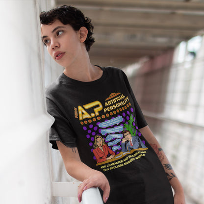 Person wearing a black t-shirt with colourful graphics and text. This anti ai t shirt design, in a comic book pop art style, warns against artificial intelligence taking over too many aspects of our lives. In an ever increasing dependency on artificial realities, just how far will it go ? Will our personalities be artificial one day ? Satirical and sarcastic, funny but scary. Made from 100% organic ring-spun cotton, this anti ai t shirt is unisex, high-quality, super comfy, and best of all, eco-friendly.