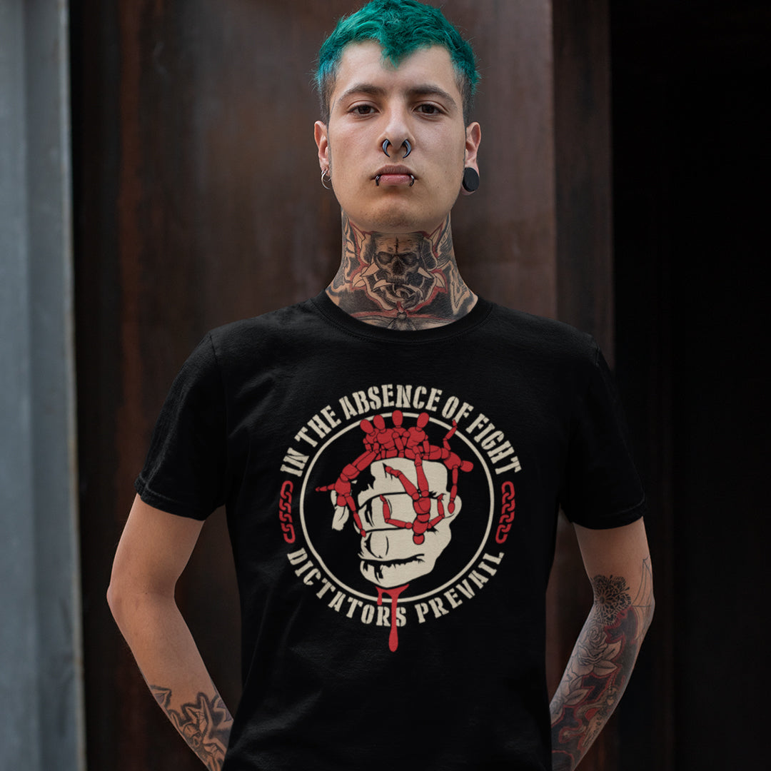 Person wearing a black t-shirt with a graphic design and text. This social issues t shirt plays on the saying 'In the absence of light, darkness prevails' with a political message encouraging people to put their apathy and denial aside and fight for their rights before they are taken advantage of. Made from 100% organic ring-spun cotton, this human rights t shirt is unisex, high-quality, super comfy, and best of all, eco-friendly.