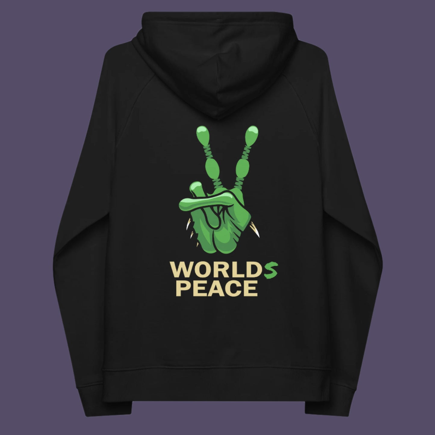 Black hoodie back. A world peace hoodie with an alien lovers twist. When we think of world peace lets not be selfish about it., lets include all Worlds. Comfortable and practical. It's extra soft and has a convenient front pouch pocket. Made from organic cotton and recycled polyester, this unique alien hoodie is the perfect eco-friendly choice.