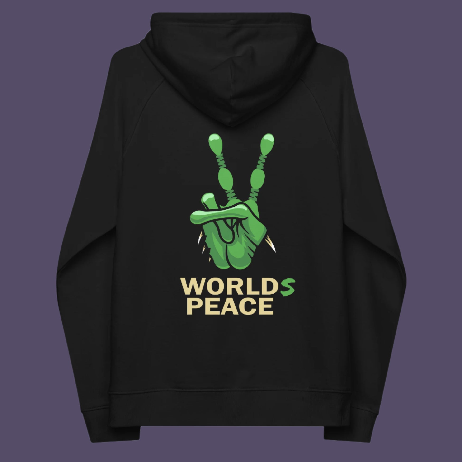 Black hoodie back. A world peace hoodie with an alien lovers twist. When we think of world peace lets not be selfish about it., lets include all Worlds. Comfortable and practical. It's extra soft and has a convenient front pouch pocket. Made from organic cotton and recycled polyester, this unique alien hoodie is the perfect eco-friendly choice.