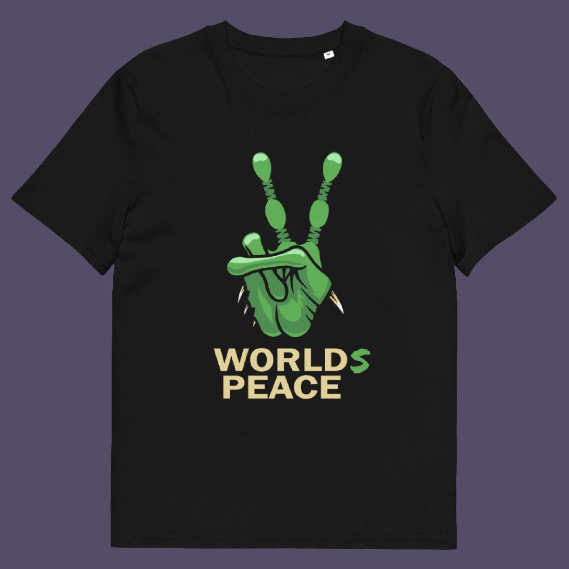 Black t-shirt. A world peace t-shirt with an alien lovers twist. When we think of world peace lets not be selfish about it., lets include all Worlds. Made from 100% organic ring-spun cotton, this humorous anti-war alien t-shirt is unisex, high-quality, super comfy, and best of all, eco-friendly.
