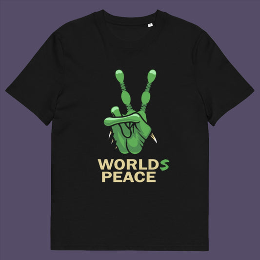 Black t-shirt. A world peace t-shirt with an alien lovers twist. When we think of world peace lets not be selfish about it., lets include all Worlds. Made from 100% organic ring-spun cotton, this humorous anti-war alien t-shirt is unisex, high-quality, super comfy, and best of all, eco-friendly.