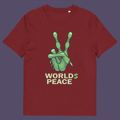 Burgundy t-shirt. A world peace t-shirt with an alien lovers twist. When we think of world peace lets not be selfish about it., lets include all Worlds. Made from 100% organic ring-spun cotton, this humorous anti-war alien t-shirt is unisex, high-quality, super comfy, and best of all, eco-friendly.