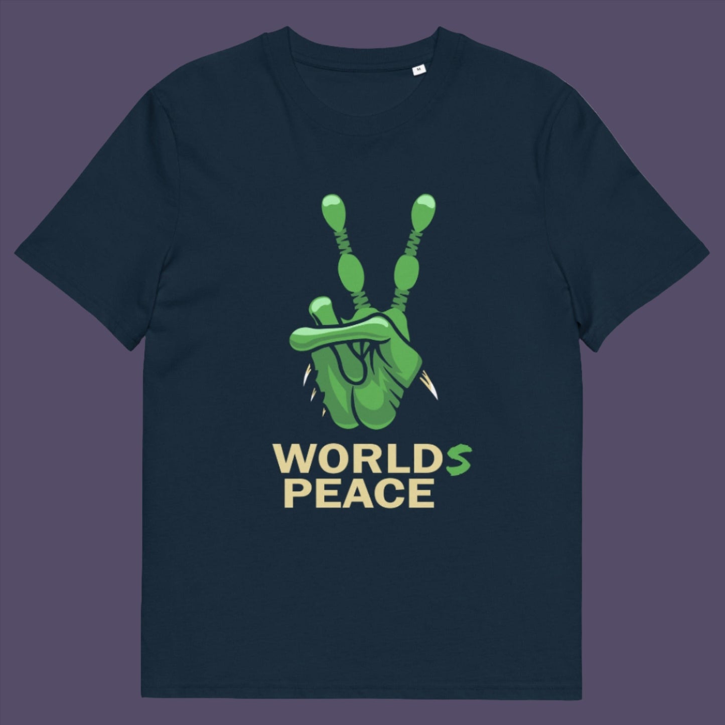 French navy t-shirt. A world peace t-shirt with an alien lovers twist. When we think of world peace lets not be selfish about it., lets include all Worlds. Made from 100% organic ring-spun cotton, this humorous anti-war alien t-shirt is unisex, high-quality, super comfy, and best of all, eco-friendly.