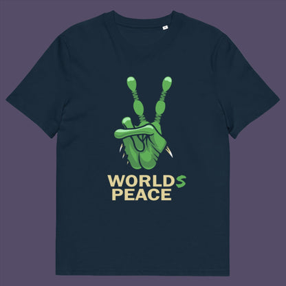 French navy t-shirt. A world peace t-shirt with an alien lovers twist. When we think of world peace lets not be selfish about it., lets include all Worlds. Made from 100% organic ring-spun cotton, this humorous anti-war alien t-shirt is unisex, high-quality, super comfy, and best of all, eco-friendly.