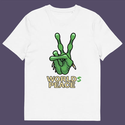 White t-shirt. A world peace t-shirt with an alien lovers twist. When we think of world peace lets not be selfish about it., lets include all Worlds. Made from 100% organic ring-spun cotton, this humorous anti-war alien t-shirt is unisex, high-quality, super comfy, and best of all, eco-friendly.