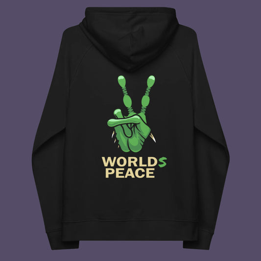 Black hoodie back. A world peace hoodie design with an alien lovers twist. When we think of world peace lets not be selfish about it., lets include all Worlds. Comfortable and practical. It's extra soft and has a convenient front pouch pocket. Made from organic cotton and recycled polyester, this funny alien hoodie is the perfect eco-friendly choice.