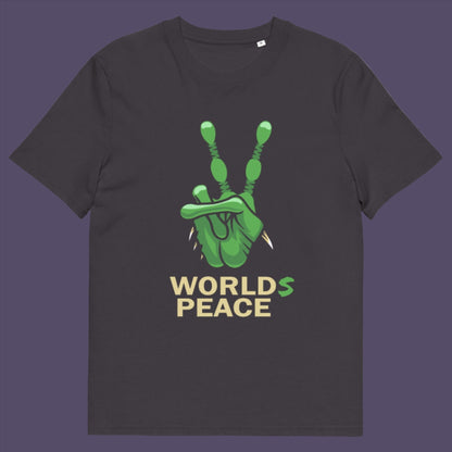 Anthracite t-shirt. A world peace t shirt with an alien lovers twist. When we think of world peace lets not be selfish about it., lets include all Worlds. Made from 100% organic ring-spun cotton, this funny alien t shirt is unisex, high-quality, super comfy, and best of all, eco-friendly.