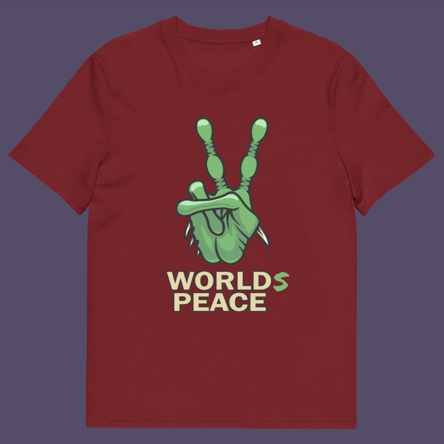Burgundy t-shirt. A world peace t shirt with an alien lovers twist. When we think of world peace lets not be selfish about it., lets include all Worlds. Made from 100% organic ring-spun cotton, this funny alien t shirt is unisex, high-quality, super comfy, and best of all, eco-friendly.