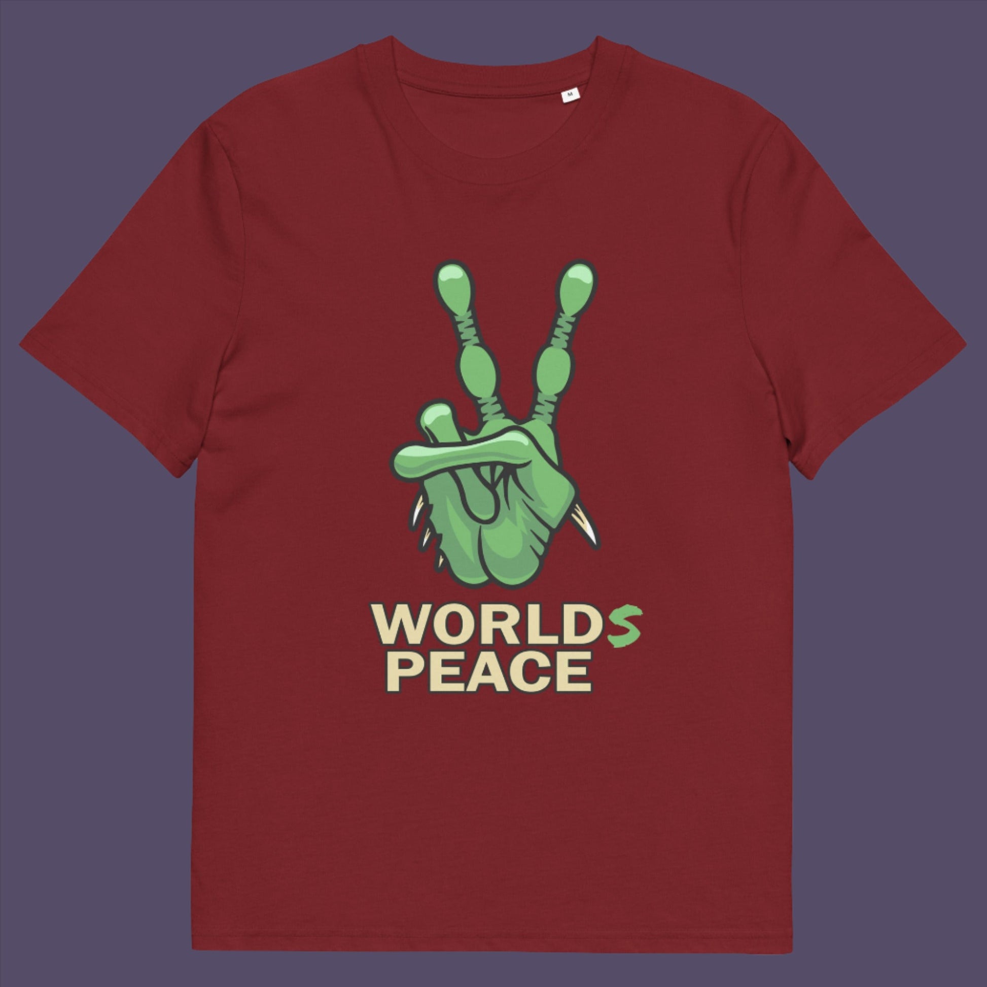 Burgundy t-shirt. A world peace t shirt with an alien lovers twist. When we think of world peace lets not be selfish about it., lets include all Worlds. Made from 100% organic ring-spun cotton, this funny alien t shirt is unisex, high-quality, super comfy, and best of all, eco-friendly.
