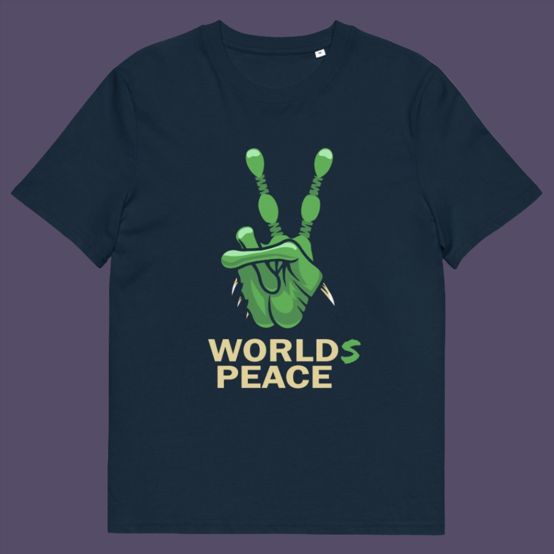 French navy t-shirt. A world peace t shirt with an alien lovers twist. When we think of world peace lets not be selfish about it., lets include all Worlds. Made from 100% organic ring-spun cotton, this funny alien t shirt is unisex, high-quality, super comfy, and best of all, eco-friendly.