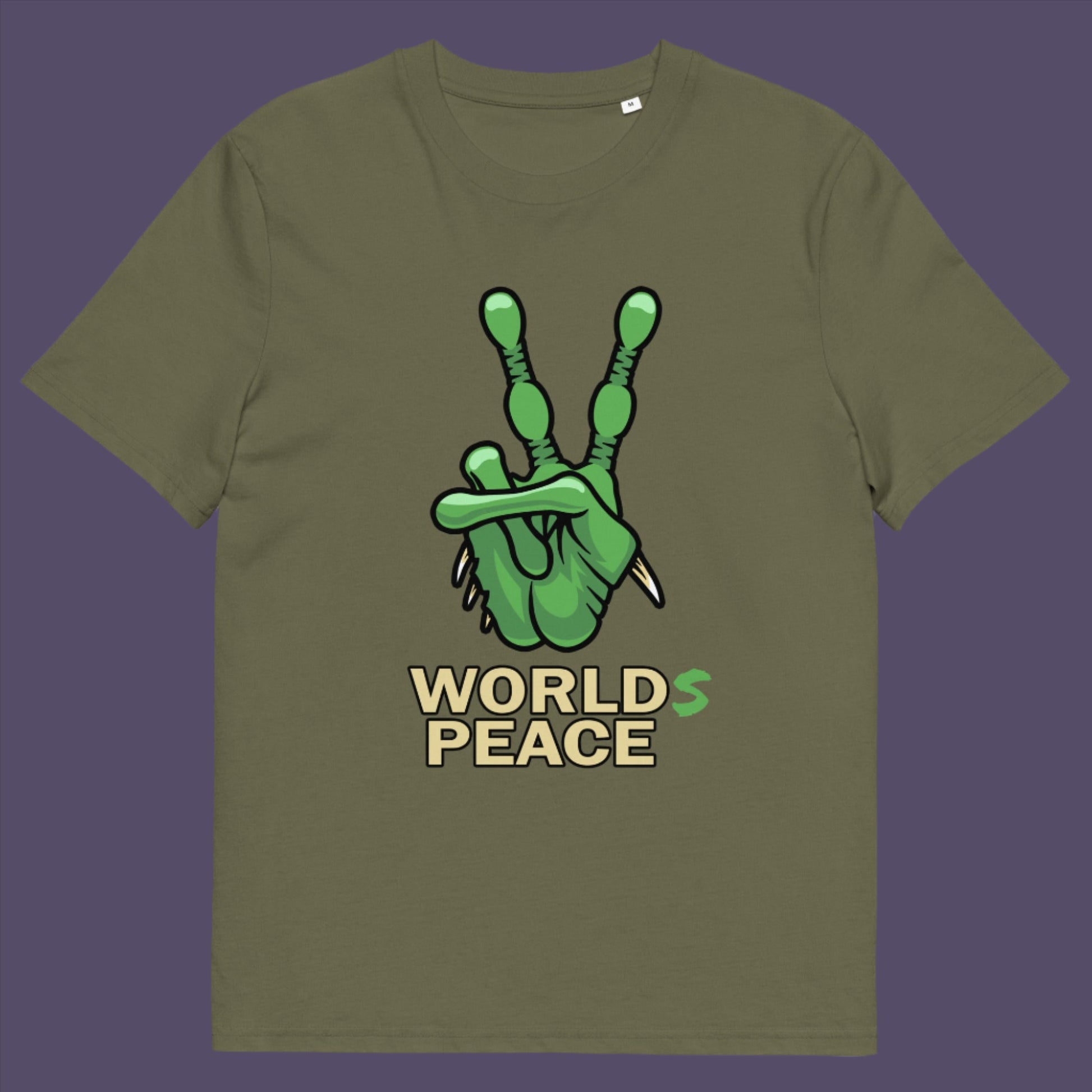 Khaki t-shirt. A world peace t shirt with an alien lovers twist. When we think of world peace lets not be selfish about it., lets include all Worlds. Made from 100% organic ring-spun cotton, this funny alien t shirt is unisex, high-quality, super comfy, and best of all, eco-friendly.
