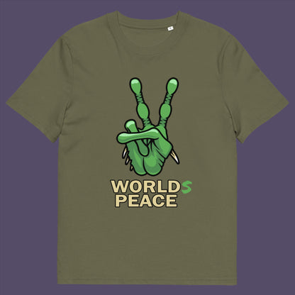Khaki t-shirt. A world peace t shirt with an alien lovers twist. When we think of world peace lets not be selfish about it., lets include all Worlds. Made from 100% organic ring-spun cotton, this funny alien t shirt is unisex, high-quality, super comfy, and best of all, eco-friendly.