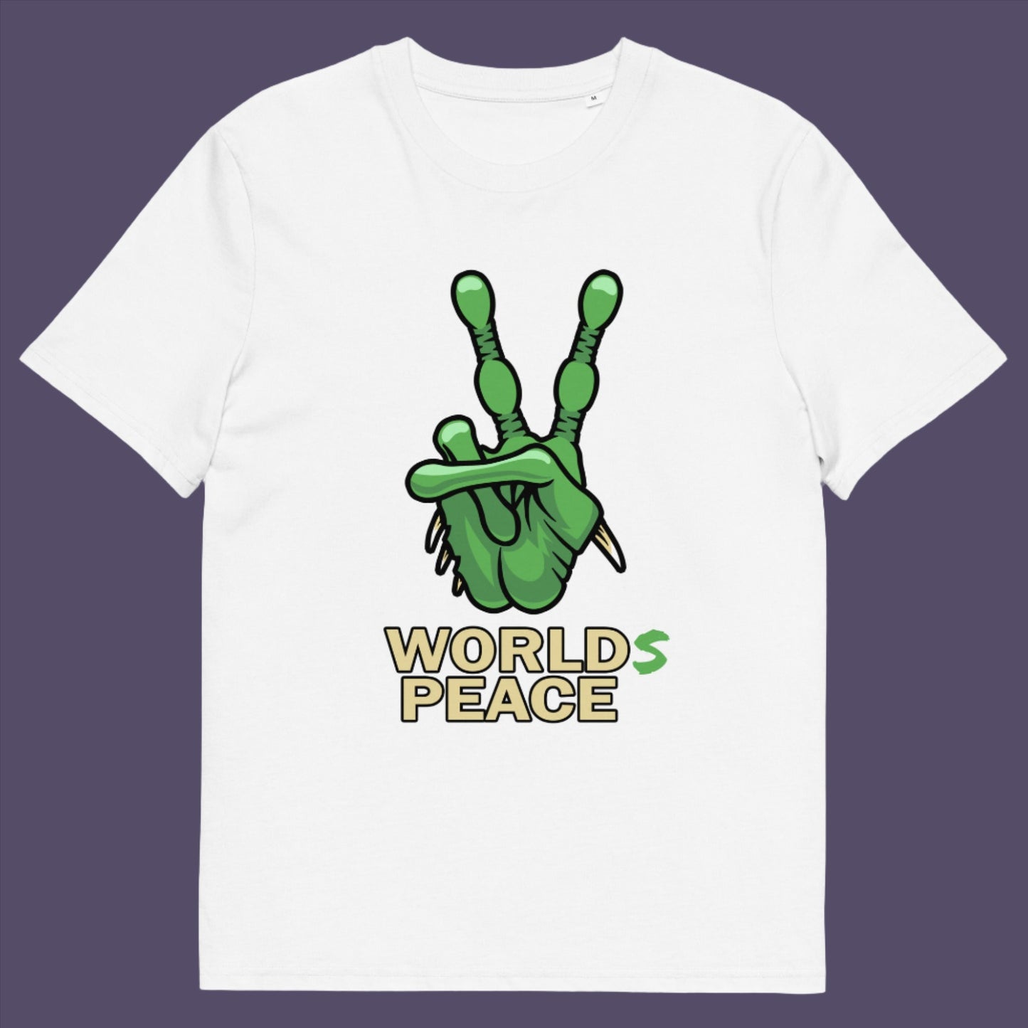 White t-shirt. A world peace t shirt with an alien lovers twist. When we think of world peace lets not be selfish about it., lets include all Worlds. Made from 100% organic ring-spun cotton, this funny alien t shirt is unisex, high-quality, super comfy, and best of all, eco-friendly.