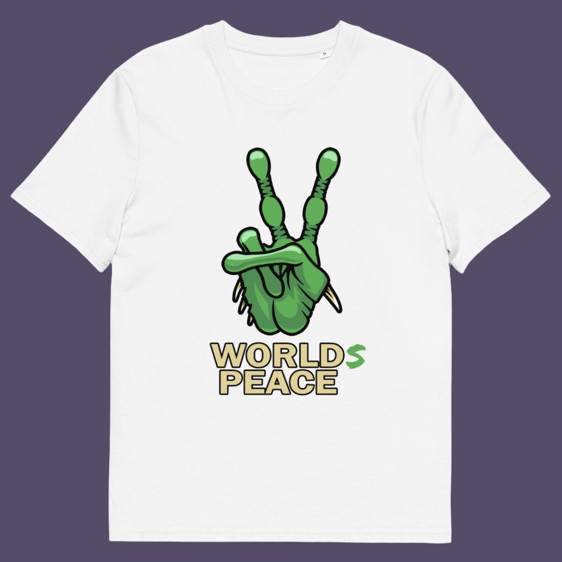 White t-shirt. A world peace t shirt with an alien lovers twist. When we think of world peace lets not be selfish about it., lets include all Worlds. Made from 100% organic ring-spun cotton, this funny alien t shirt is unisex, high-quality, super comfy, and best of all, eco-friendly.