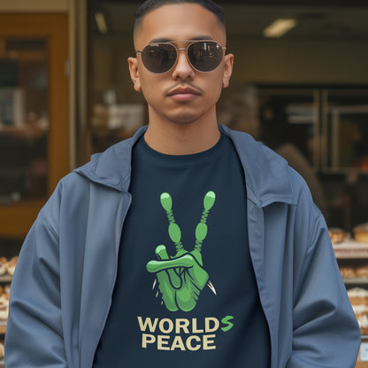 Person wearing a blue jacket and a dark t-shirt with a green peace sign and 'World's Peace' text. A world peace t shirt with an alien lovers twist. When we think of world peace lets not be selfish about it., lets include all Worlds. Made from 100% organic ring-spun cotton, this funny alien t shirt is unisex, high-quality, super comfy, and best of all, eco-friendly.